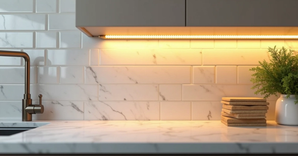 Fita de LED sob armário iluminando bancada de quartzo 