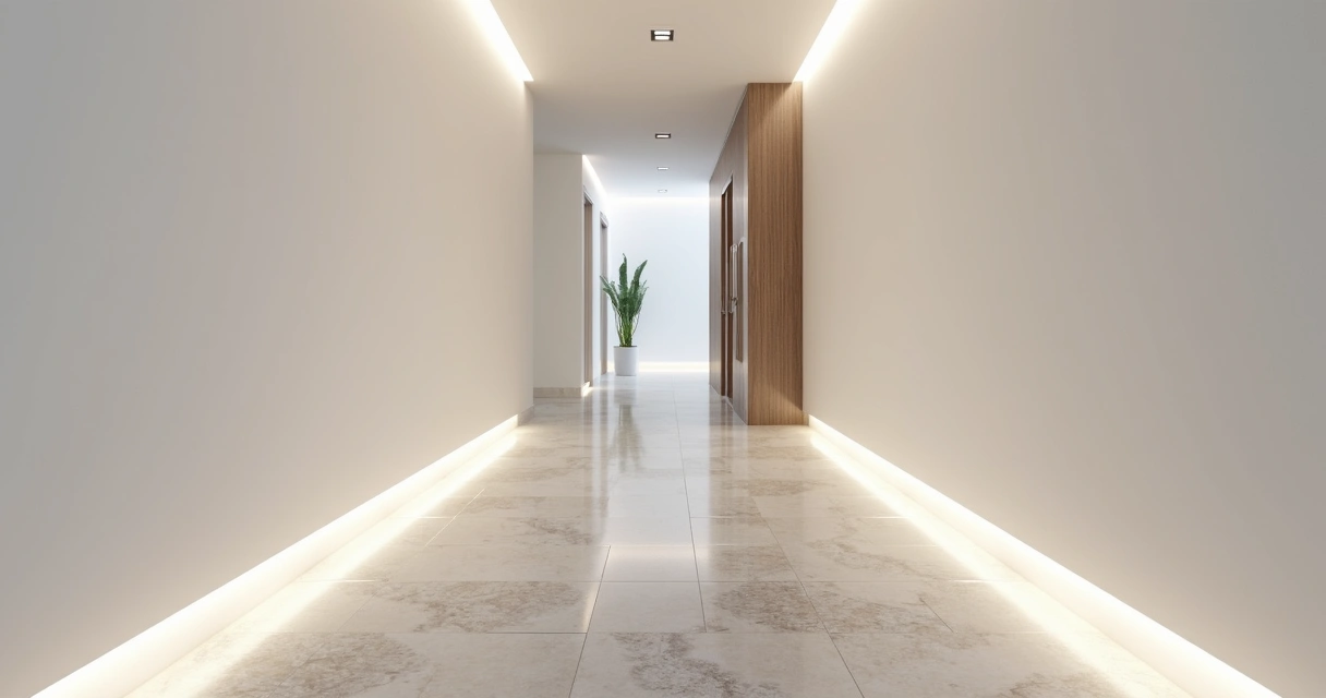 Corredor contemporâneo com iluminação LED embutida no rodapé 