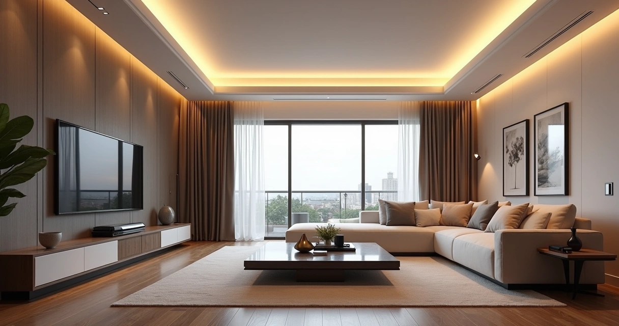 Luminárias modernas com LED embutido em sala com sofás claros e decoração elegante 