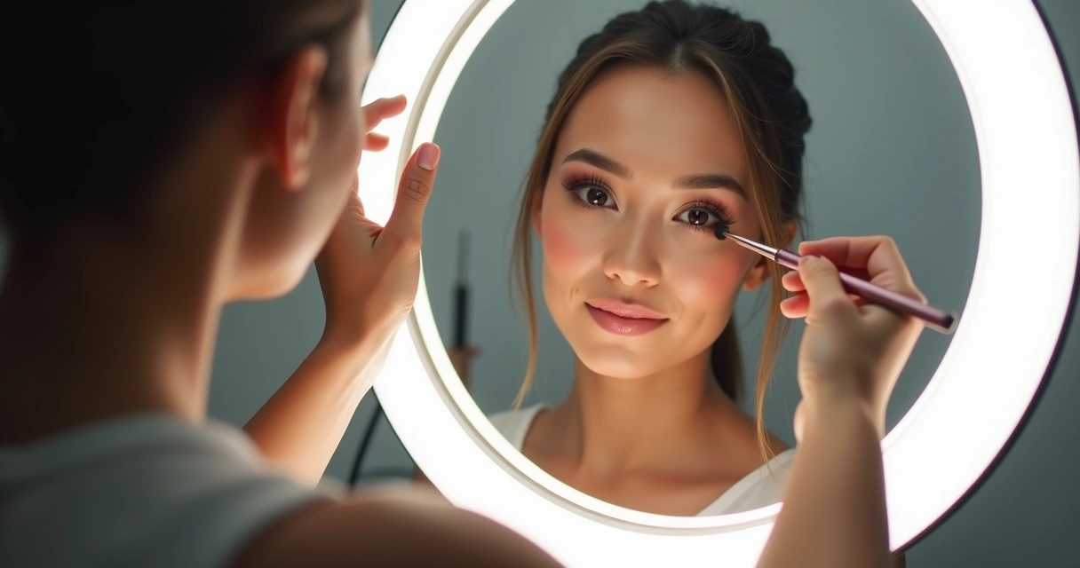 Técnica de iluminação em foto de maquiagem facial em estúdio de beleza 