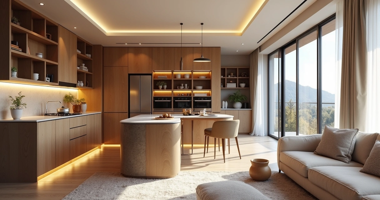 Cozinha integrada com iluminação LED embutida nos móveis. 