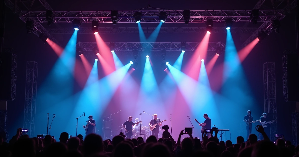Iluminação de palco com holofotes e LEDs coloridos 