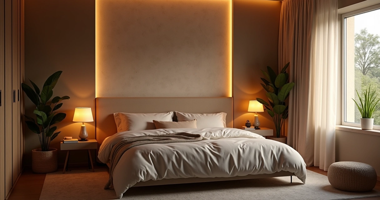 Quarto com iluminação indireta aconchegante e cabeceira estofada 