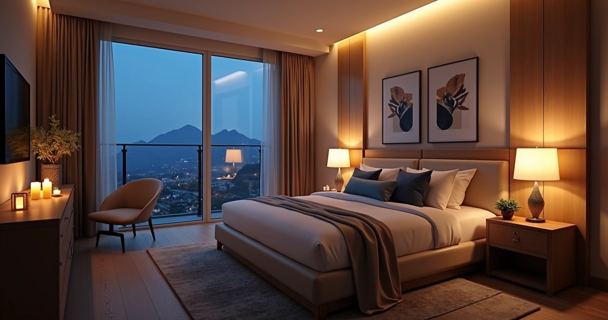 Iluminação suave e romântica em suíte de motel