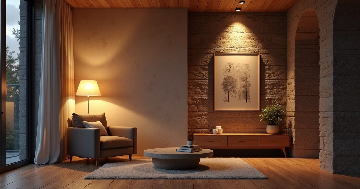 Sala de estar com abajur e luzes pontuais destacando objetos 