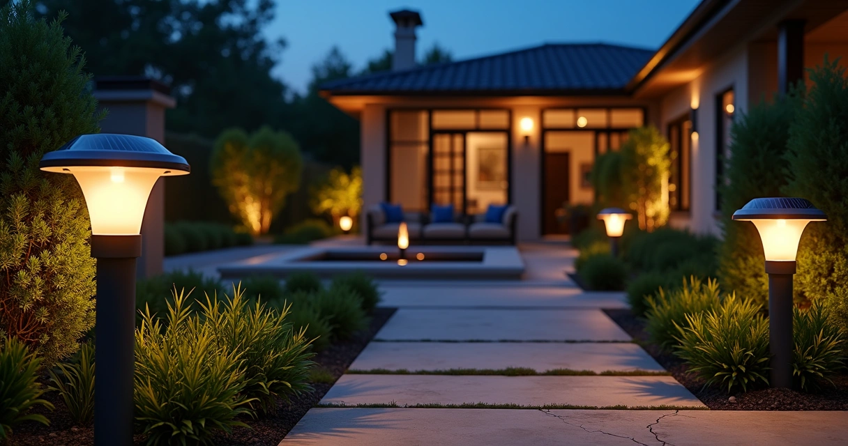 Jardim residencial iluminado à noite por luzes solares integradas 