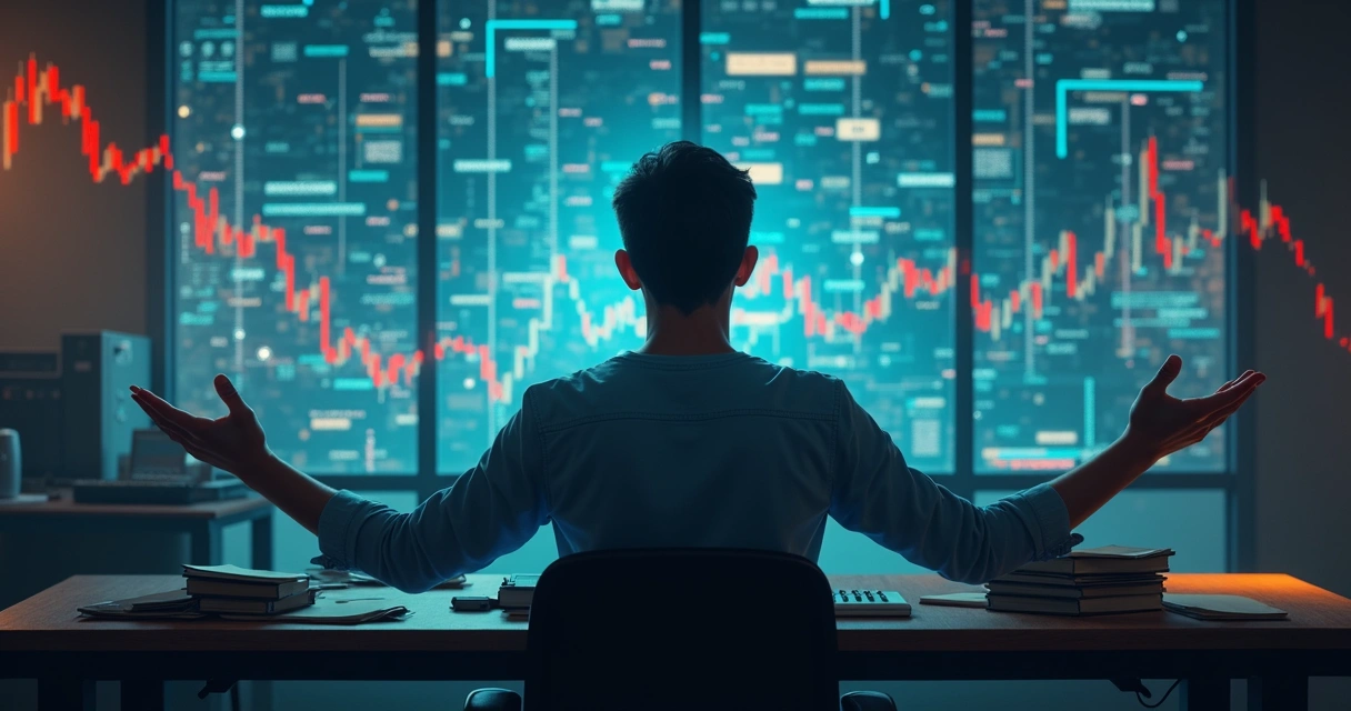 Pessoa tentado controlar gráficos do mercado financeiro com as mãos, fundo caótico 