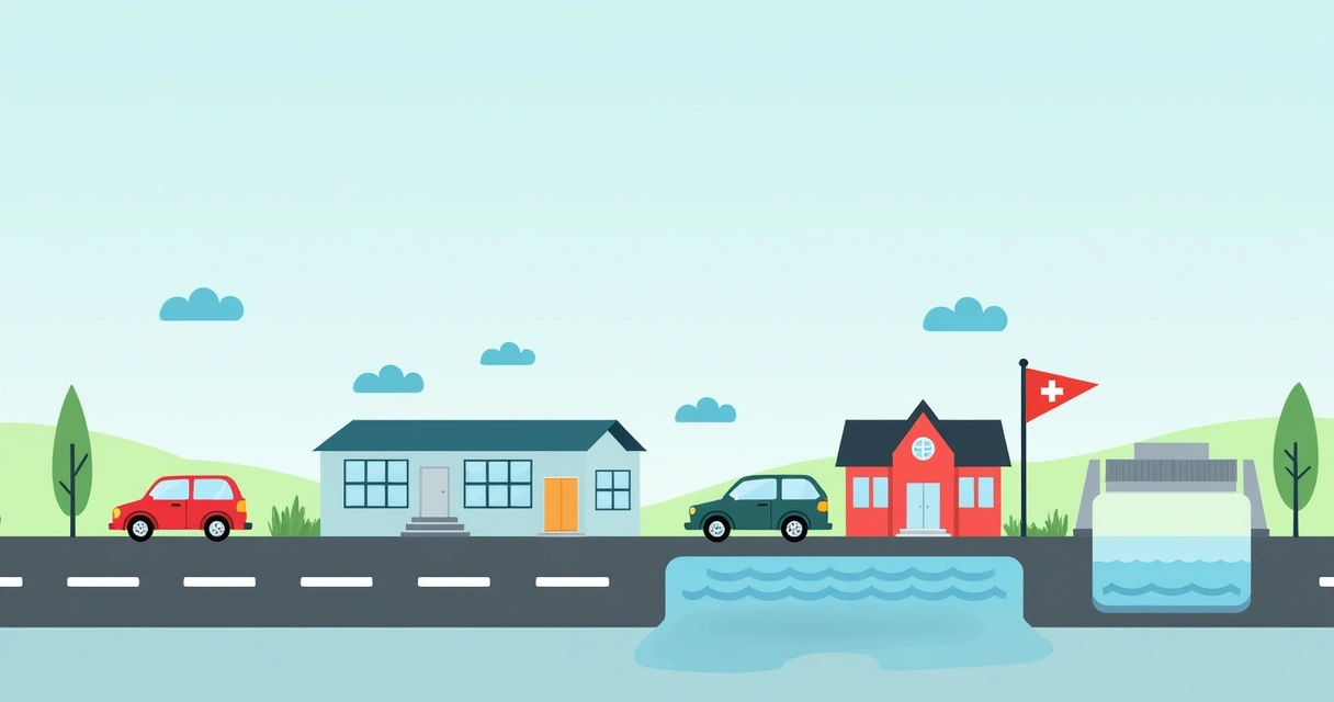 Ícones representando rodovia, hospital, escola e estação de tratamento de água 