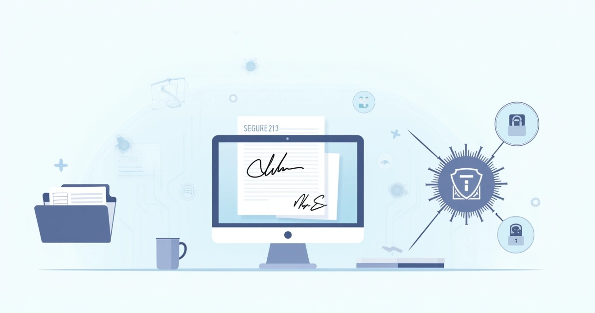 Ilustração da assinatura digital em um ambiente de trabalho moderno com documentos e ícones de segurança.