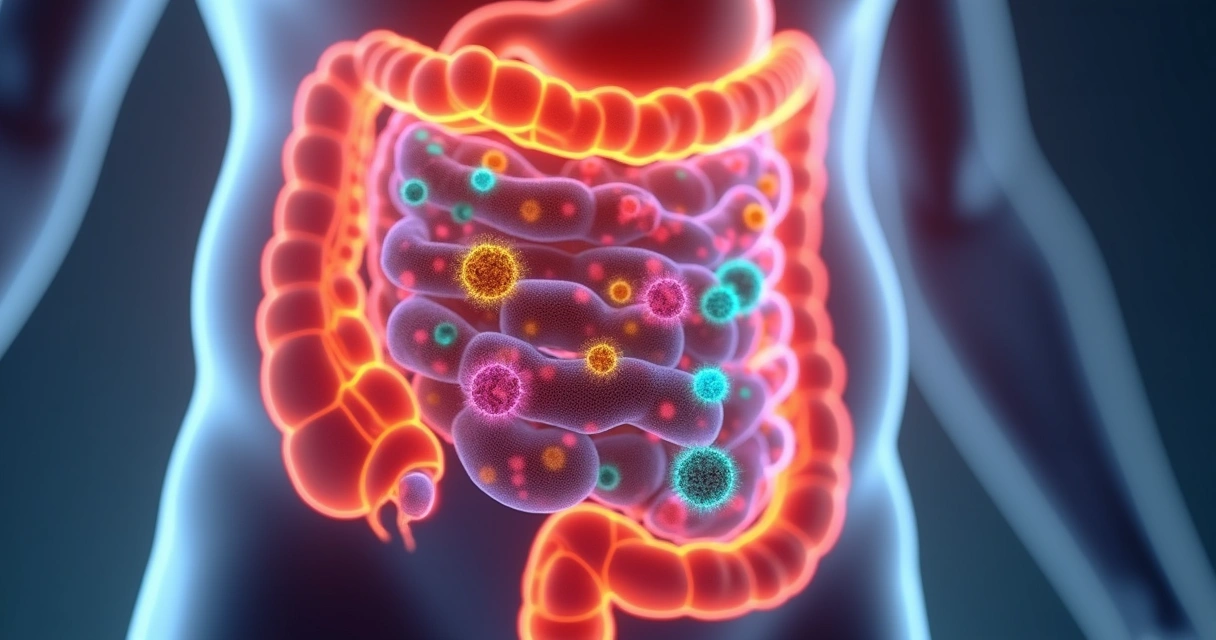 Ilustração de bactérias intestinais em cores vivas no trato digestivo 