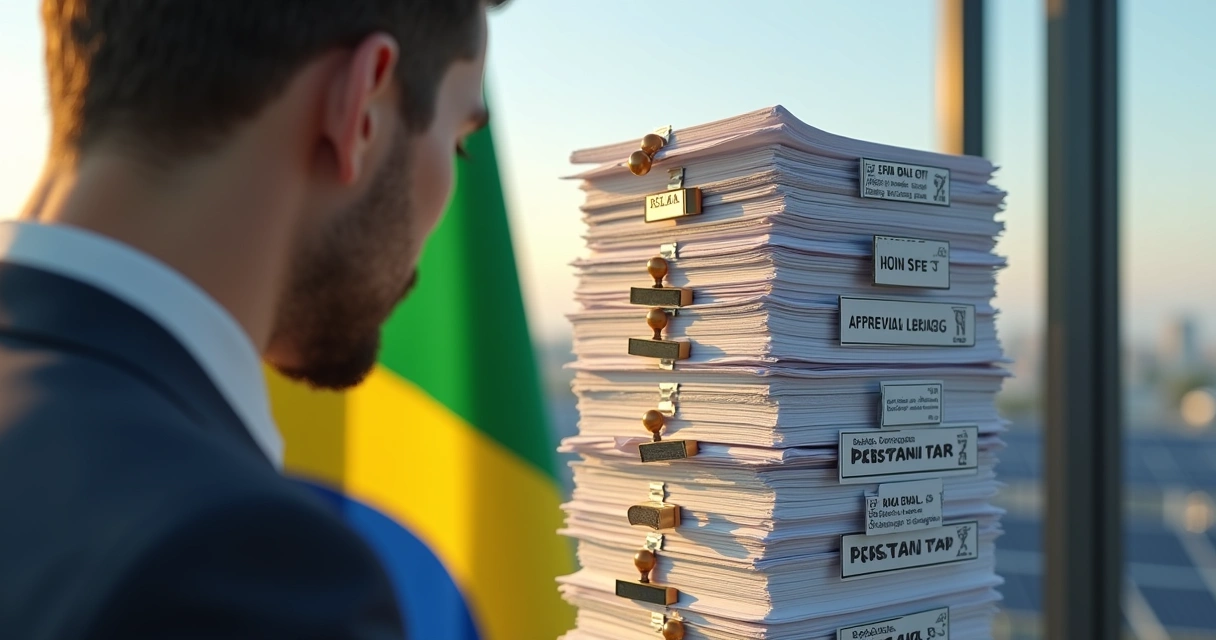 Pessoa diante de pilha de documentos de energia solar 