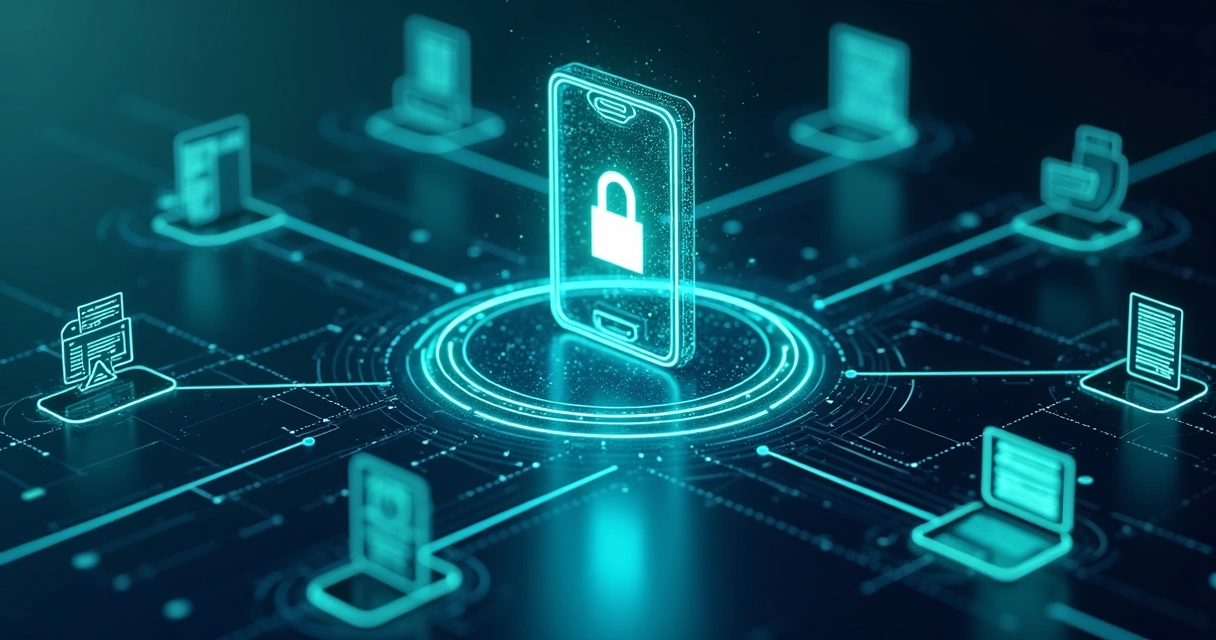 Busca de telefone: como encontrar contatos B2B qualificados 3 Ilustração de rede de dados com telefone seguro no centro