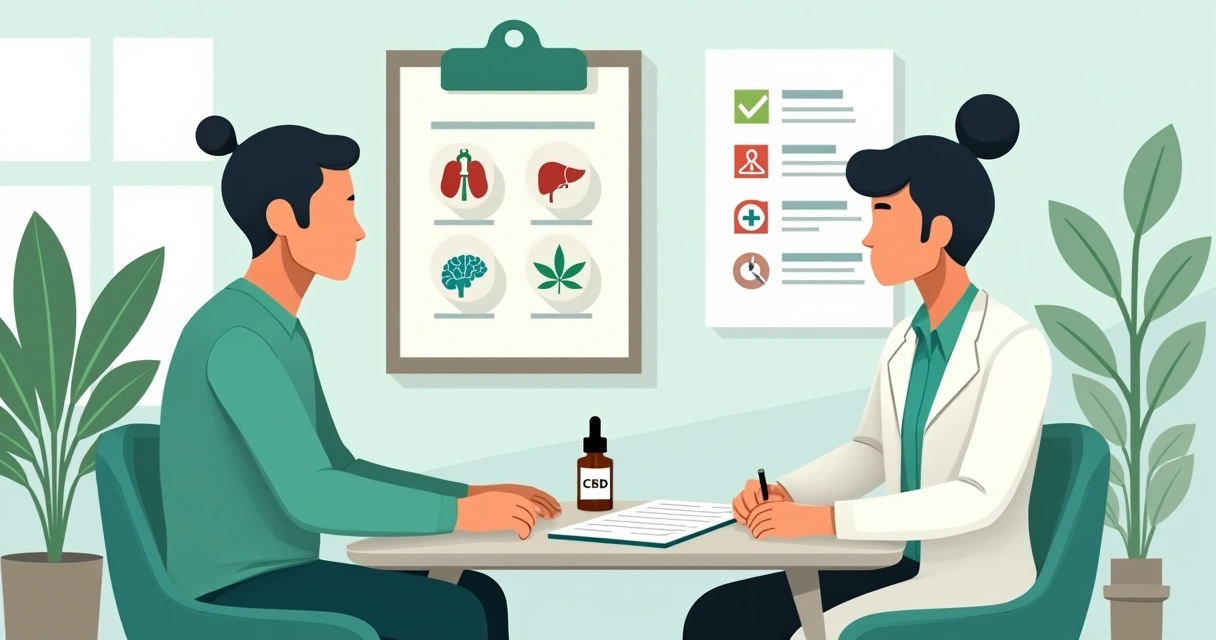 Ilustração de médico explicando uso de canabidiol para paciente no Brasil 