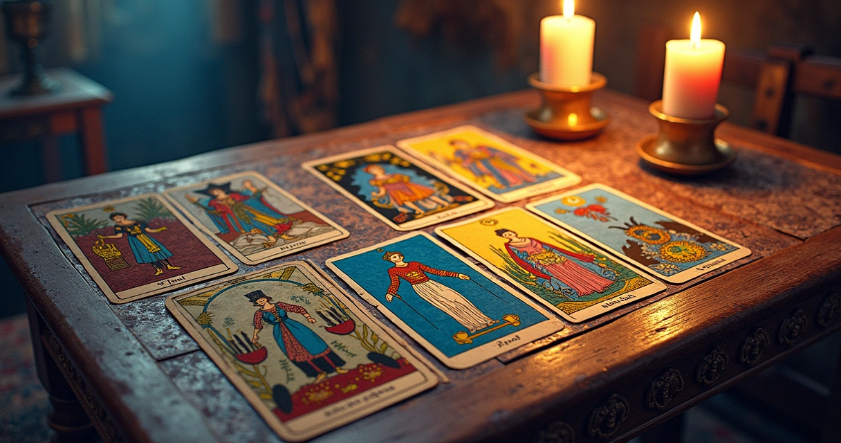 Ilustração de uma mesa de madeira com cartas de tarô exibindo Arcanos Maiores em cores vívidas e detalhes simbológicos.