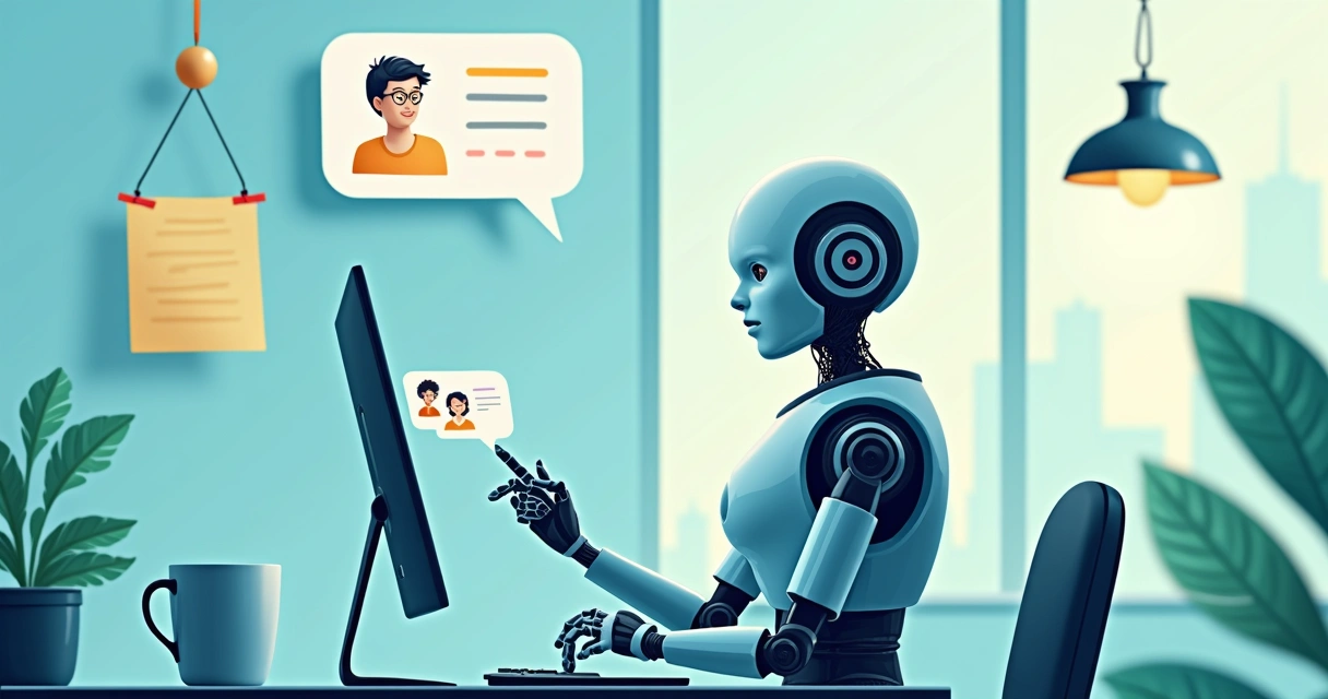 Chatbot representado como um assistente digital respondendo mensagem em smartphone, com elementos de conversa entre cliente e empresa pequena ao fundo. 