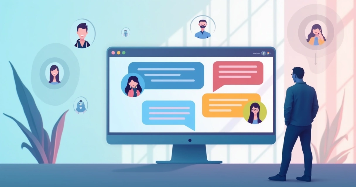 Interface de chatbot em tela com balões de mensagem em cores diferentes e avatares virtuais 