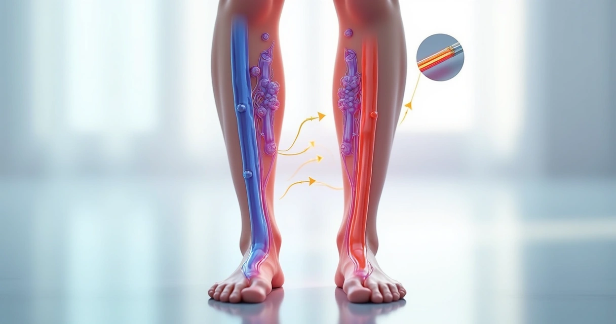 Infográfico mostrando pernas humanas e veias com varizes, do lado de veias saudáveis 