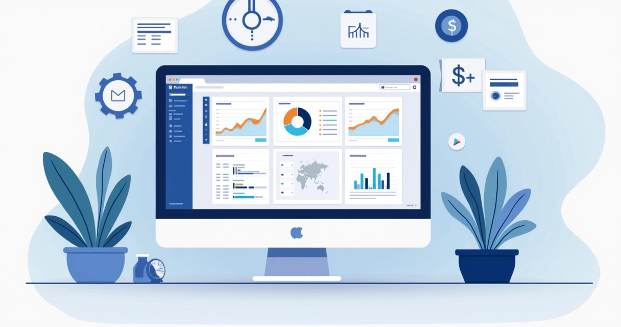 Ilustração corporativa flat mostrando a configuração de anúncios Google Ads em computador com gráficos, ícones de segmentação e orçamento 