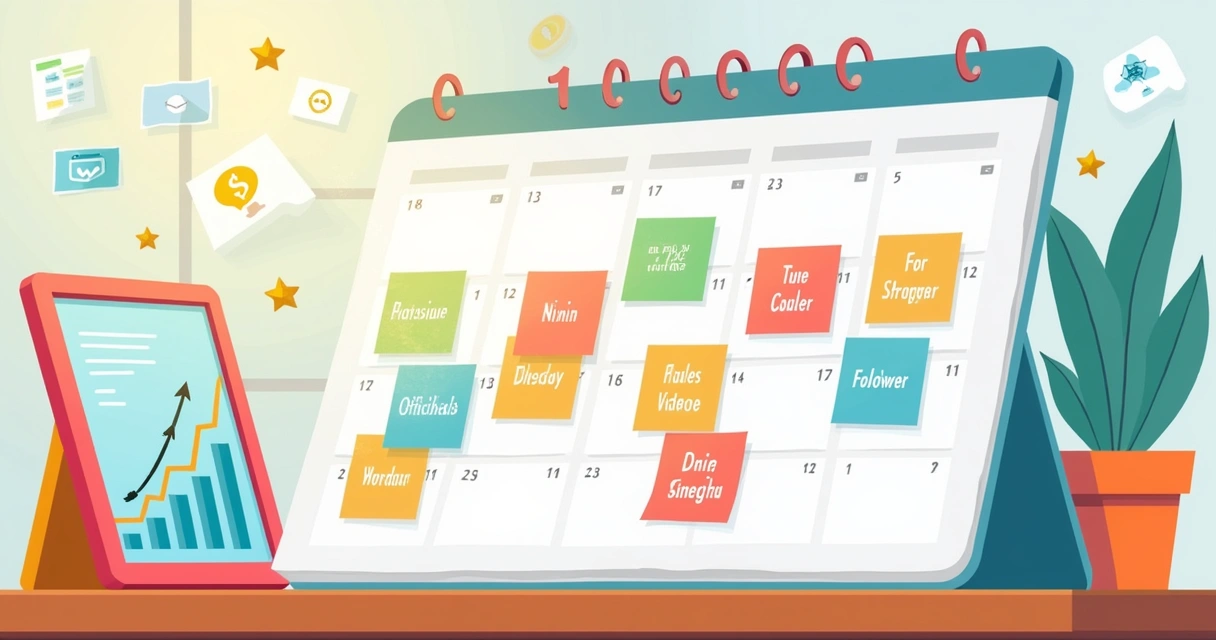 Ilustração de um calendário de postagens com notas adesivas, tablet mostrando métricas de engajamento e ícones de conteúdo.