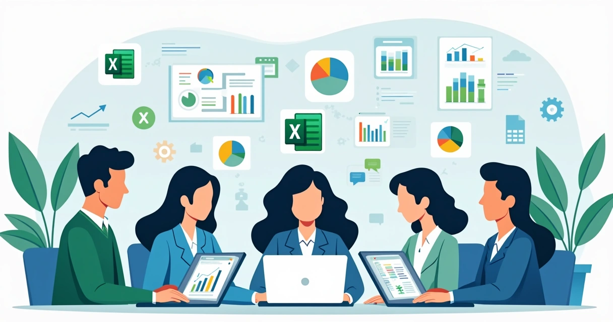 Ilustração corporativa mostra pessoas usando planilhas excel em laptops com gráficos e ícones de dados ao fundo 