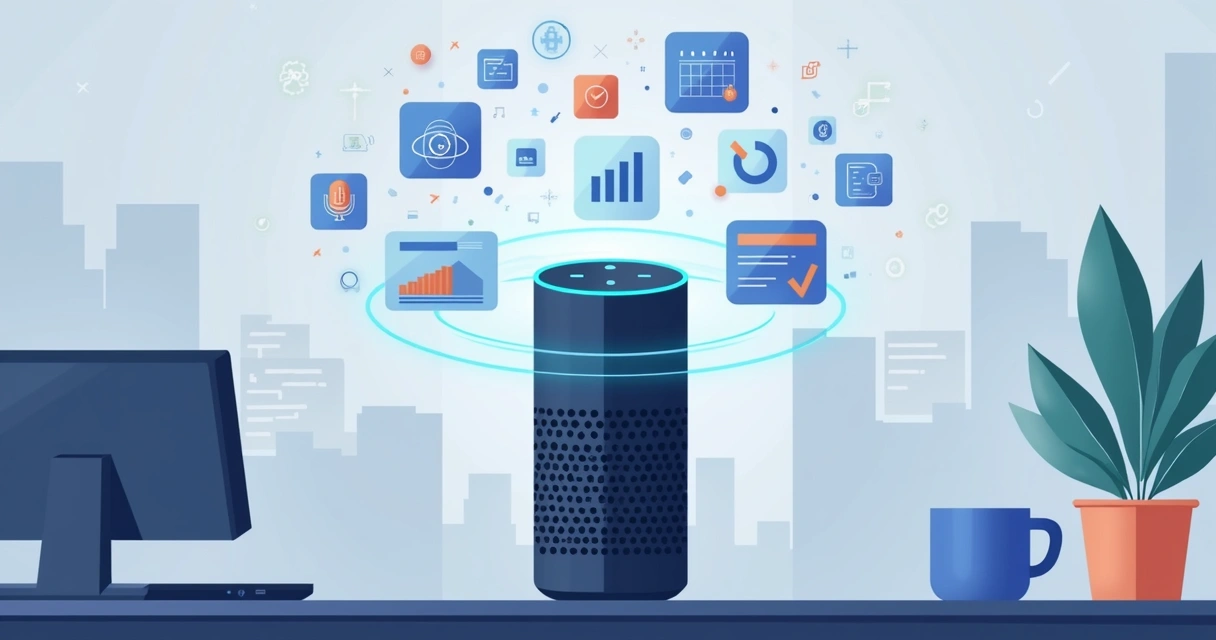 Ilustração flat corporativa mostrando uma assistente virtual Alexa em um ambiente empresarial com comandos de voz e ícones tecnológicos ao redor 