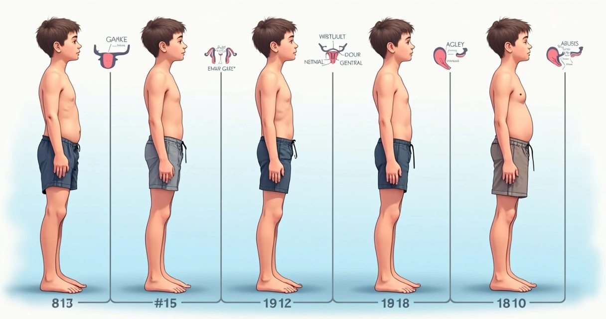 Ilustração mostrando desenvolvimento do órgão genital masculino em diferentes idades 