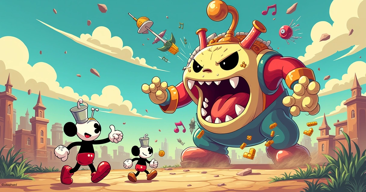 Ilustração vibrante dos personagens Cuphead e Mugman lutando contra um chefe colorido em um cenário de cartoon.