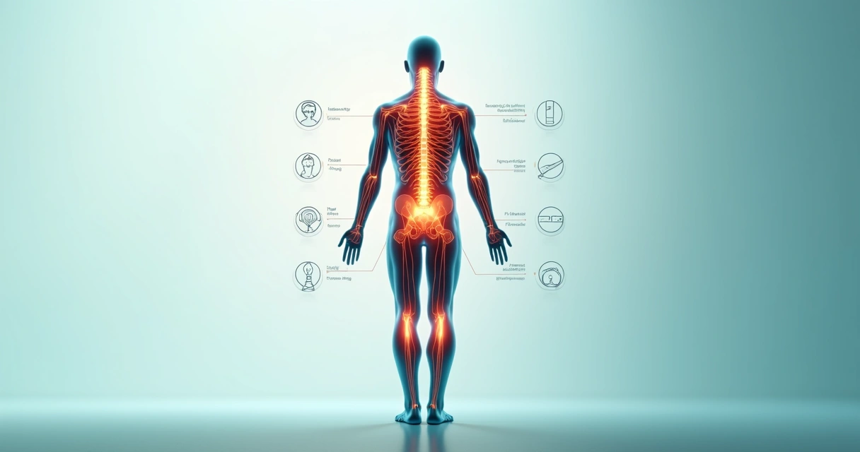 Ilustração de corpo humano com nervos em destaque e áreas de dor em vermelho 