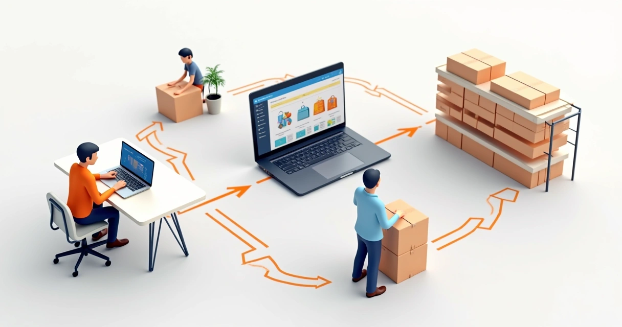 Ilustração de dropshipping mostrando vendedor, fornecedor e consumidor conectados 