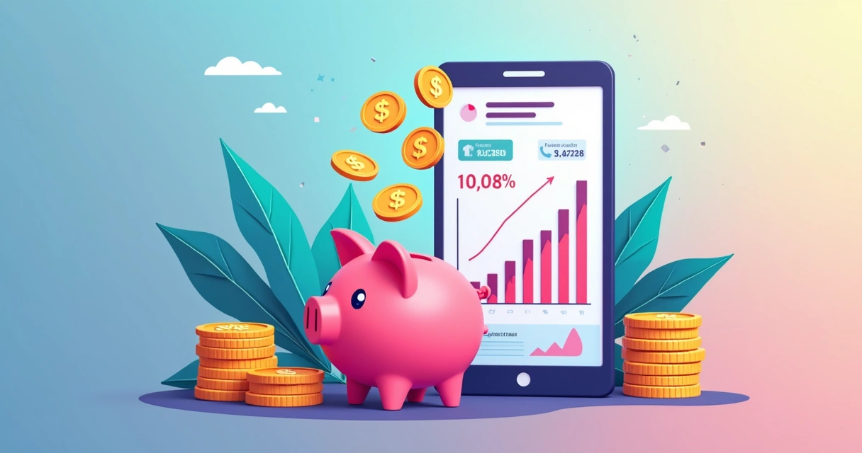 Ilustração de economia de dinheiro caindo em cofre por aplicativo