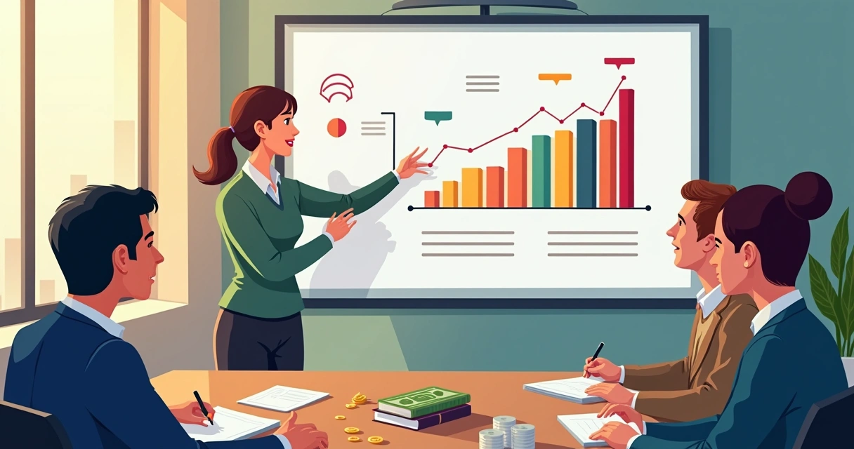 Ilustração de uma pessoa ensinando conceitos de finanças com gráficos de renda fixa 
