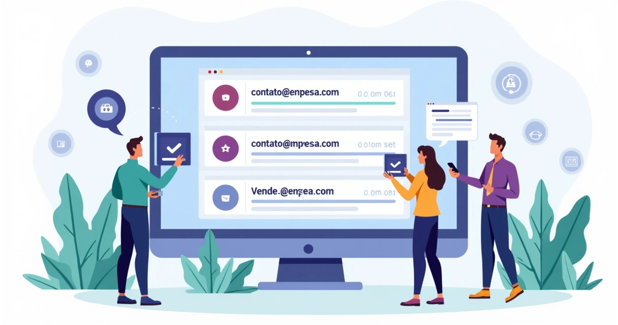 Equipe ajustando painel gigante com e-mails corporativos padronizados 