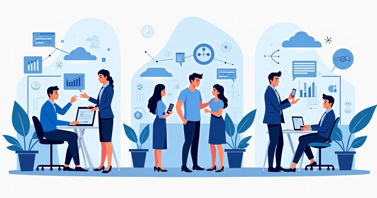 Grupos de pessoas em ambientes empresariais diferentes interagindo com elementos digitais representando inteligência artificial