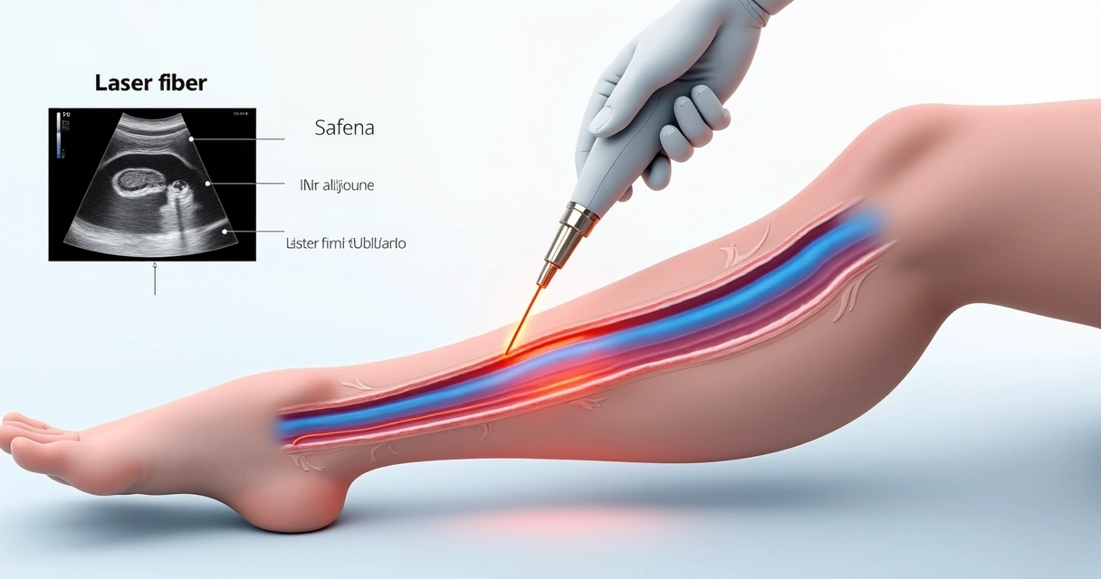 Representação em corte da perna com aplicação de endolaser na veia safena guiado por ultrassom 