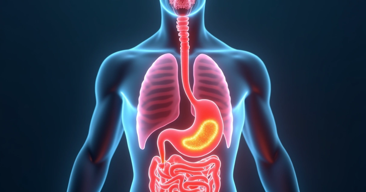 Ilustração realista do esôfago com destaque para fatores de risco e área inflamada 