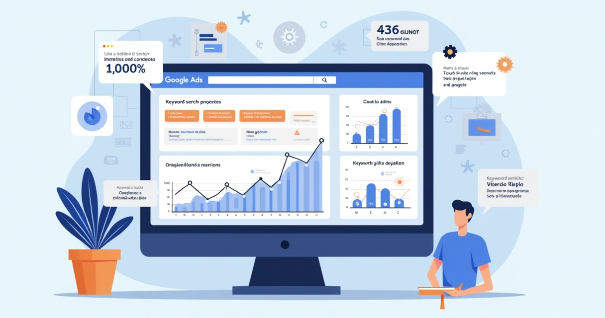 Ilustração corporativa com gráfico de crescimento nas buscas e campanha de Google Ads 