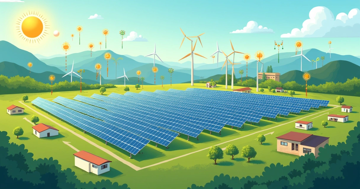 Vista aérea de uma fazenda solar moderna com painéis e casas ao redor 