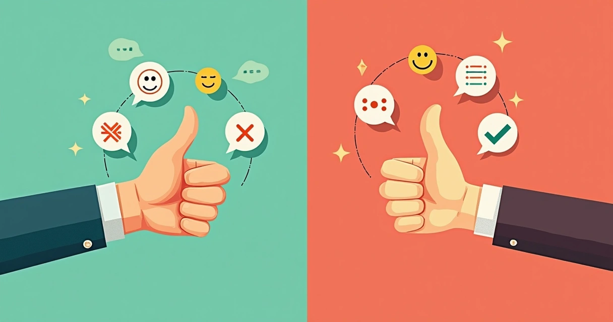 Ilustração de feedback positivo e negativo com ícones de polegar para cima e para baixo 