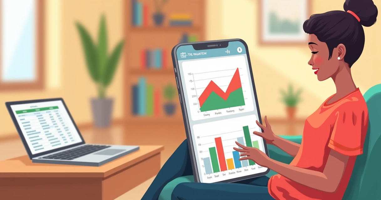 Ilustração de uma sala moderna com uma pessoa gerenciando finanças em um smartphone e laptop. 