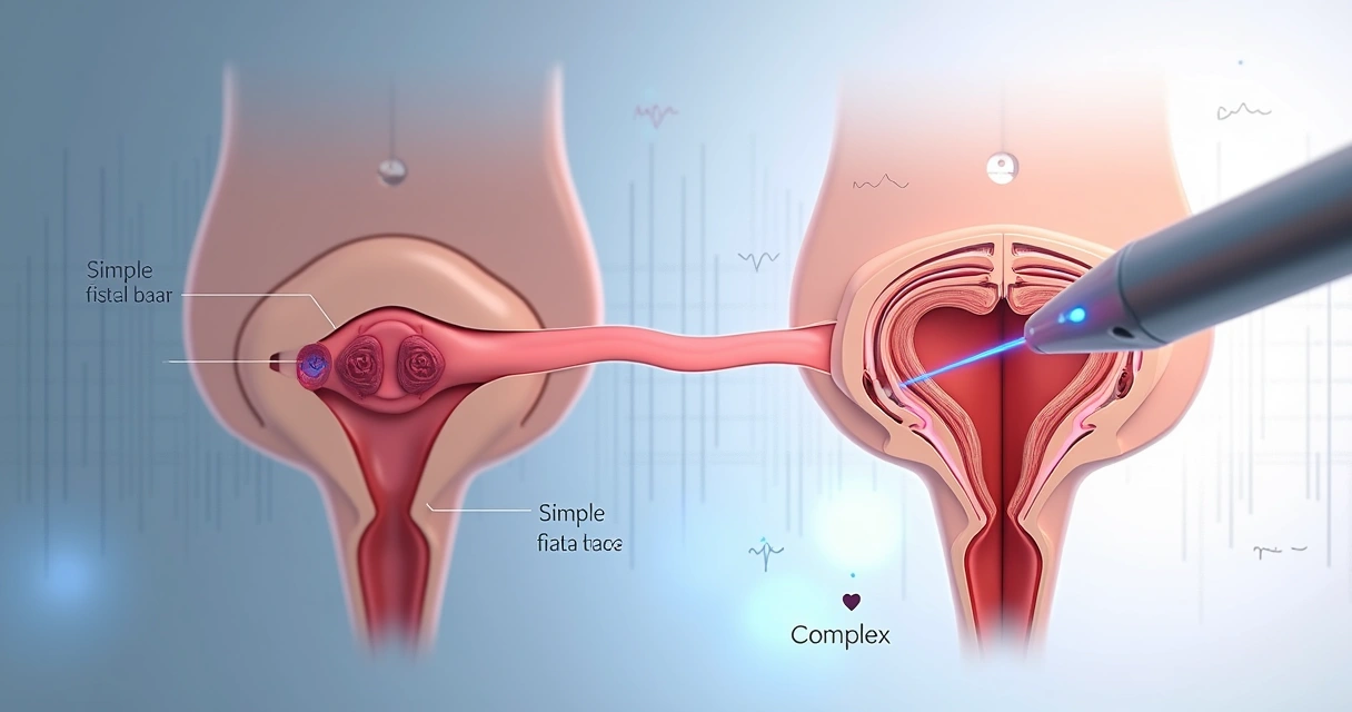 Esquema médico comparando fístula anal simples e complexa com tratamento a laser em fundo azul claro 