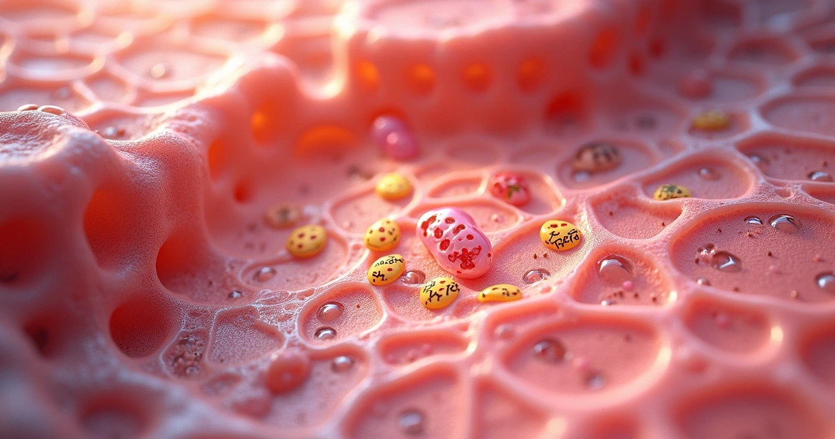 Ilustração mostra células intestinais, moléculas de lactase e lactose, com alguns sinais de inflamação local 