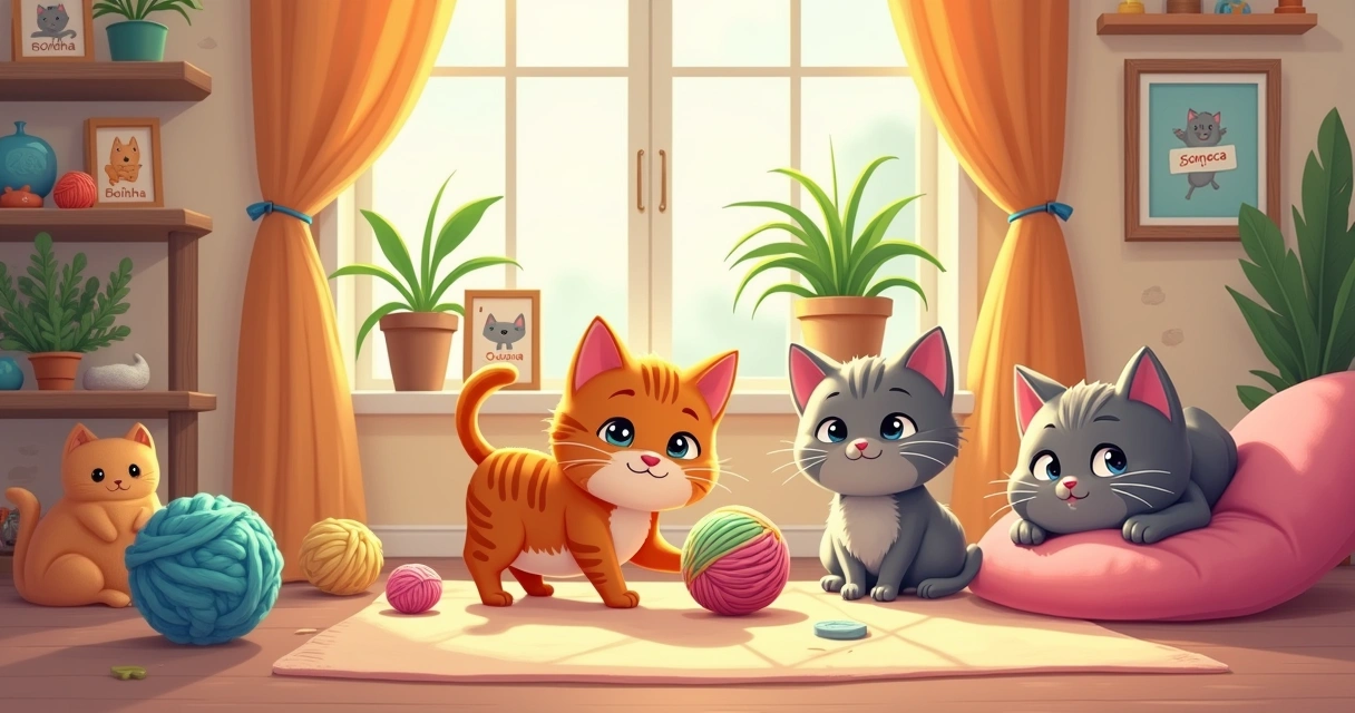 Ilustração de gatas brincando em um quarto aconchegante, com Bolinha e Soneca em destaque.