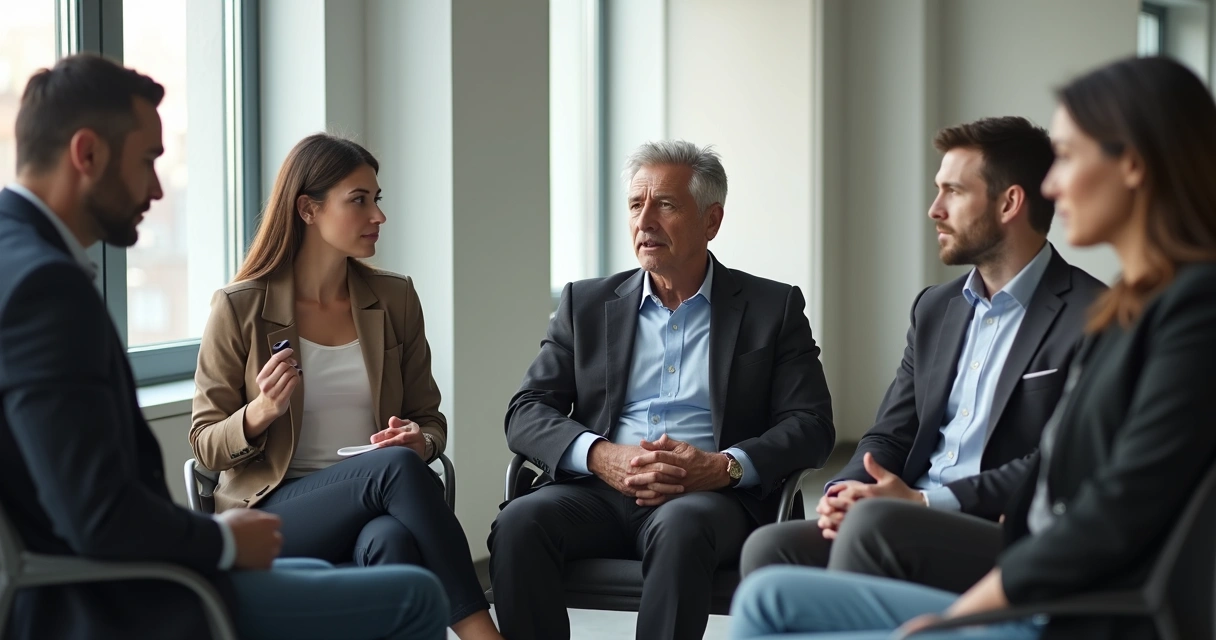 Grupo de pessoas sentadas em círculo discutindo em um ambiente de trabalho moderno 