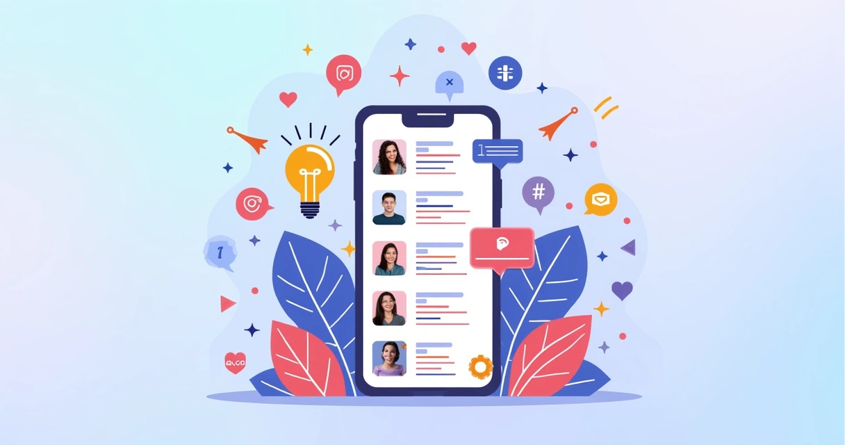 Ilustração de um smartphone com várias hashtags populares e ícones de interação do Instagram ao redor.