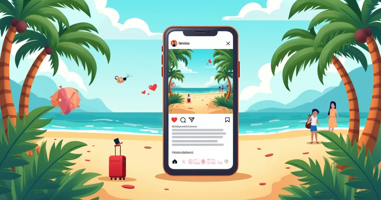 Ilustração de smartphone com postagem de viagem e hashtags, rodeado por elementos de praia e engajamento.