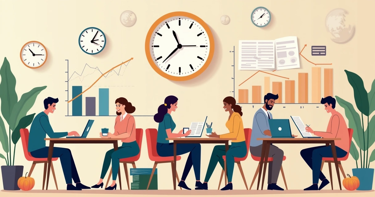 Ilustração de pessoas trabalhando em impostos com papéis, laptops e gráficos financeiros no fundo.