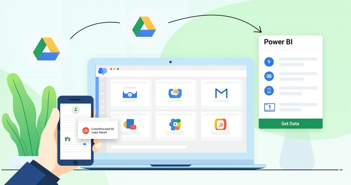 Ilustração de um escritório moderno com laptop exibindo Google Drive, link sendo copiado e interface do Power BI.
