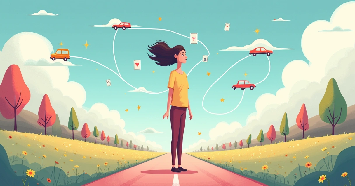 Ilustração de uma figura humana contemplativa com caminhos divergentes, simbolizando a intuição e escolhas na vida.