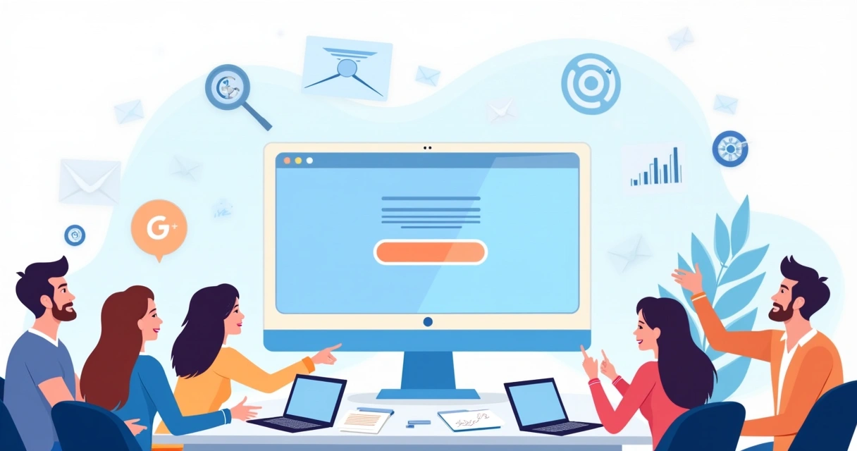 Ilustração de uma landing page em um computador, com pessoas atentas discutindo e ícones de marketing ao fundo.