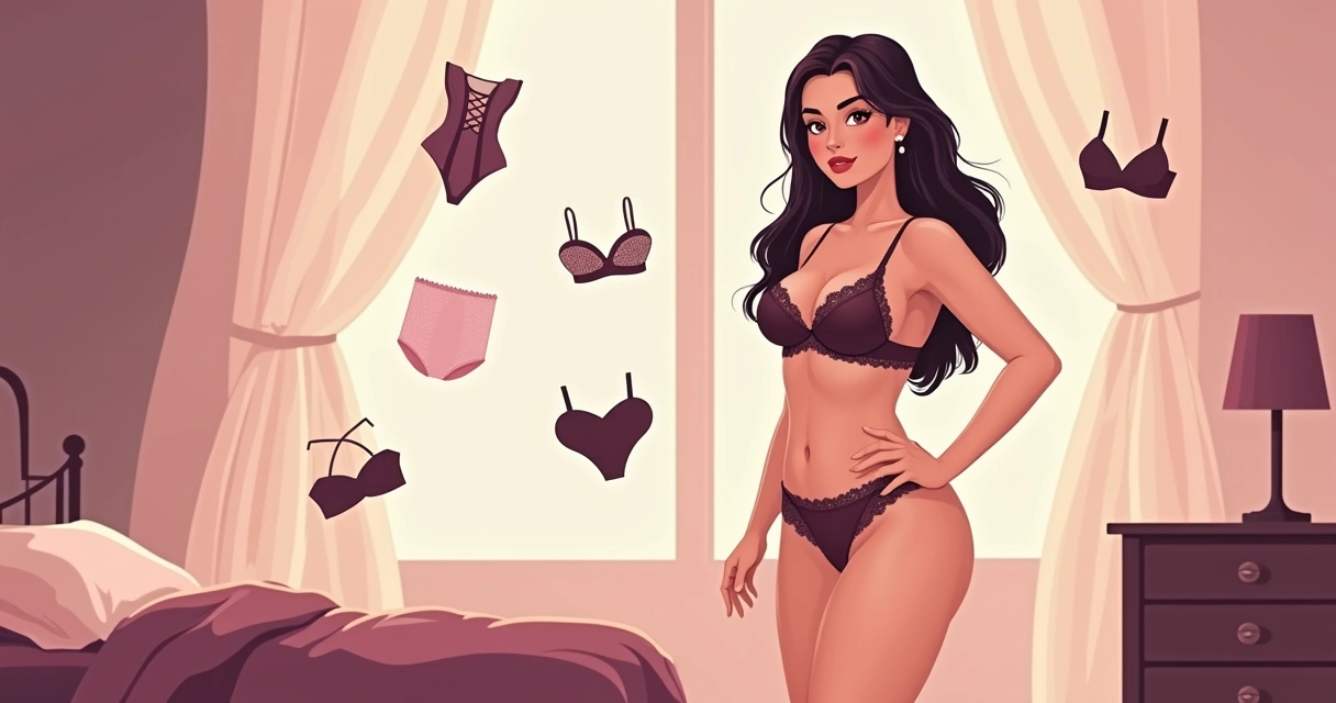 Ilustração de mulher usando lingerie erótica destacando curvas com confiança 